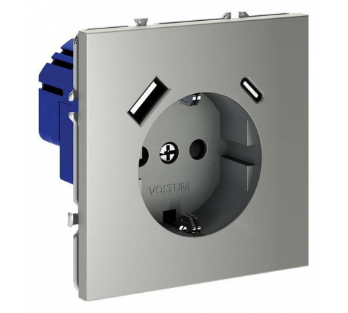 Розетка с заземлением и со шторкой и 2хUSB type A и C, без рамки Voltum S70 VLS040505