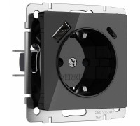 Розетка с заземлением и с шторками и 2хUSB, без рамки Werkel Черный акрил W1171748