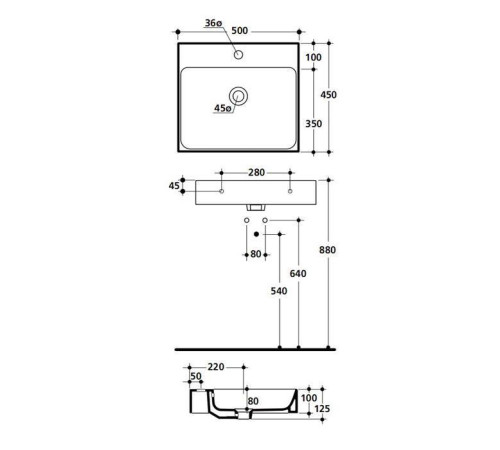 Раковина подвесная Kerasan Cento 50х45 см 1 отверстие 353001