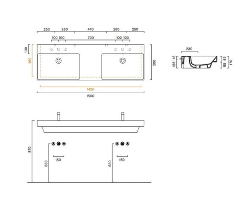 Раковина Catalano Zero 150x50 см двойная без отверстия белый глянцевый 0121520001