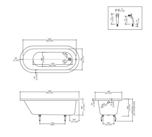 Ванна чугунная встроенная Devon&Devon Bayswater 165x75x46 см белая SFD67cr/BAYSWATER16