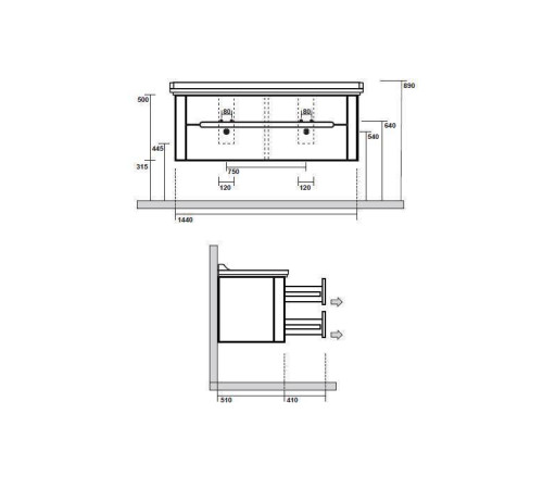 Комплект подвесной/напольной мебели Kerasan Waldorf 150 см с 4 ящиками белая матовая ваниль 4143K1bi/cr / 925430