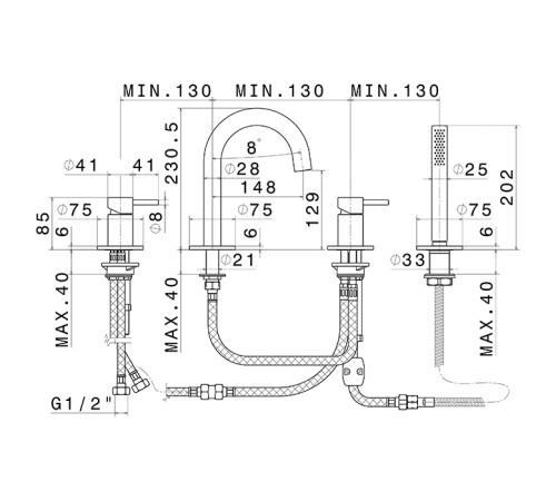 Смеситель на борт ванны Newform X-STEEL 316 на 4 отверстия с изливом и душем PVD Brushed copper bronze 69682XC.59.067