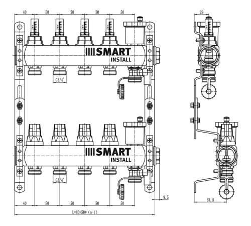 Комплект коллекторов Smart Install с расходомерами и термостатическими клапанами 1 x 3/4 EK 12 выходов 53112S