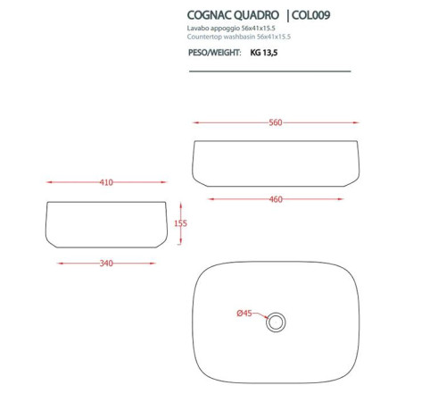 Раковина накладная Artceram Cognac Quadro 56x41 см белый глянцевый COL009 01 34