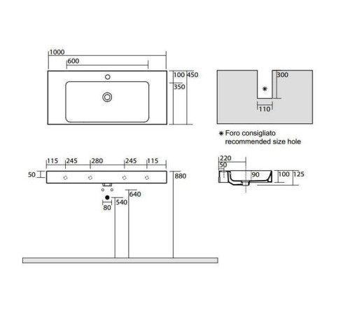 Раковина Kerasan Cento 100х45 см 1 отв. белый 355001