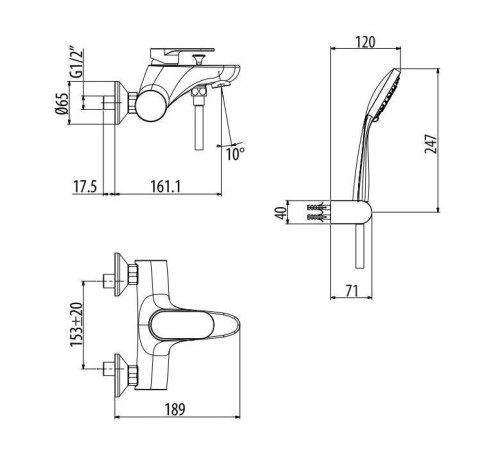 Смеситель для ванны Gattoni H2Omix7000 настенный с лейкой и держателем черный матовый 7000070NO