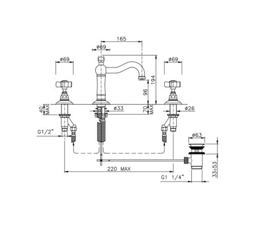 Смеситель для раковины Nicolazzi Dames Anglaises на 3 отверстия с донным клапаном излив 165 мм хром 1409CR18