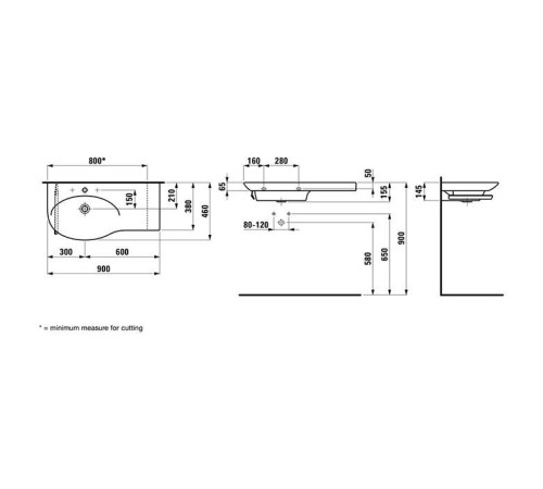 Раковина Laufen Palace 90х46 см без отверстия столешница справа белый 8.1670.2.000.112.1