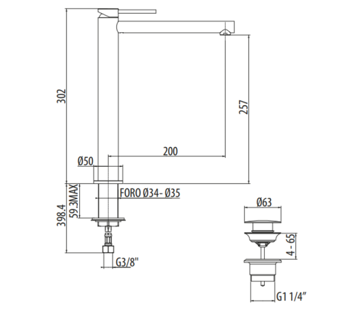 Смеситель для раковины высокий Gattoni Circle One 302 мм с донным клапаном черный матовый 9048/90NO