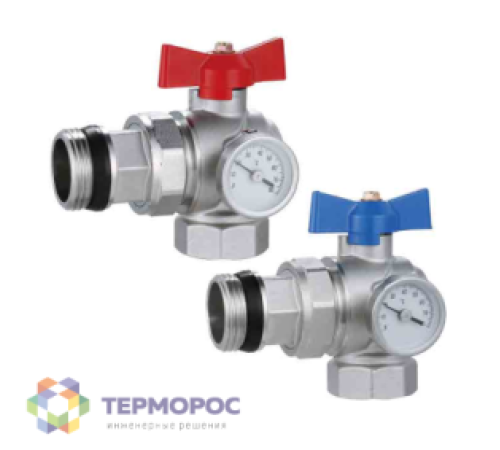 Комплект угловых коллекторных шаровых кранов Kromwell 1 с термометрами KW.6036S