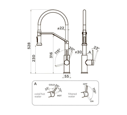 Смеситель для кухни с выдвижным изливом и подключением фильтра Omoikiri Makkari 2 Plus-SB-BN-BL нержавеющая сталь/черный 4994494