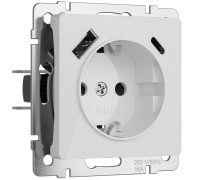 Розетка с заземлением, шторками и USB тип A+C (белый акрил) W1171741