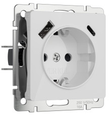 Розетка с заземлением, шторками и USB тип A+C (белый акрил) W1171741