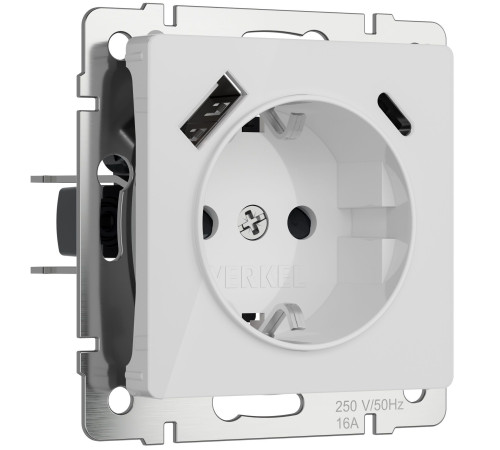 Розетка с заземлением, шторками и USB тип A+C (белый акрил) W1171741