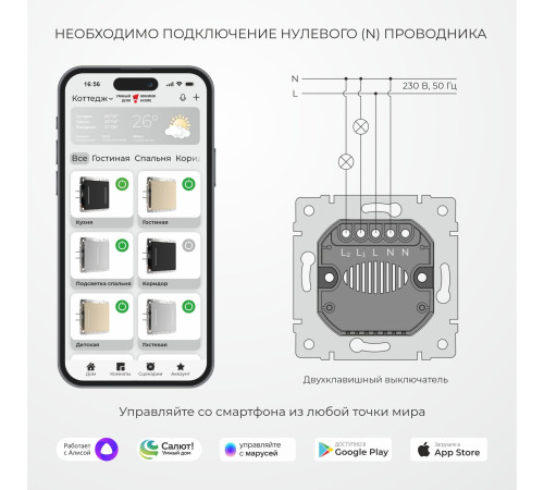 Умный сенсорный выключатель двухклавишный W4520611