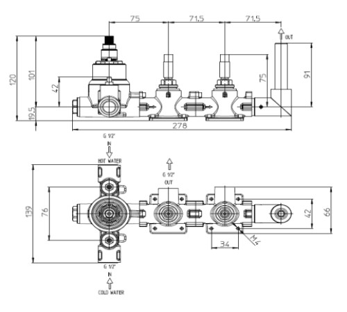 Скрытая часть смесителя для душа на 2 выхода Bossini Apice Z00135000