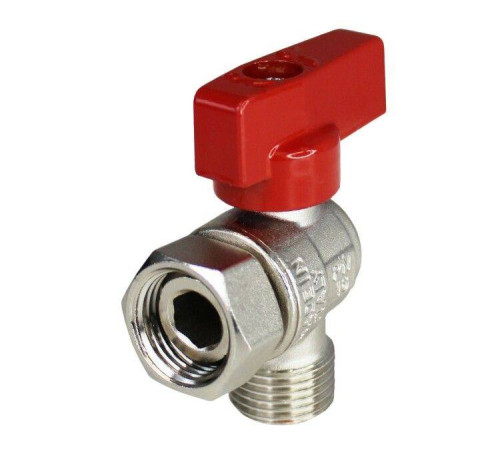 Кран шаровой угловой Everline 3/4 НВ ручка-флажок красная с накидной гайкой EV953434
