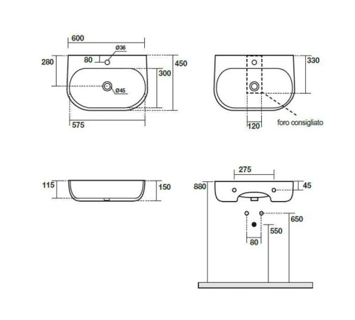 Раковина подвесная/накладная Kerasan Nolita 60х45 см 1 отв. белый глянцевый 534101