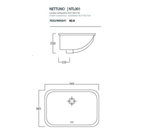 Раковина встраиваемая Artceram Nettuno 56х38 см без отв. белый NTL001 01 00