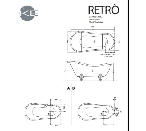 Ванна отдельностоящая Kerasan Retro 170х77 см белая ножки золото 105591