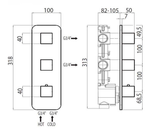 Внешняя часть термостата Bossini HighFlow с цельной панелью золото Z031204.021