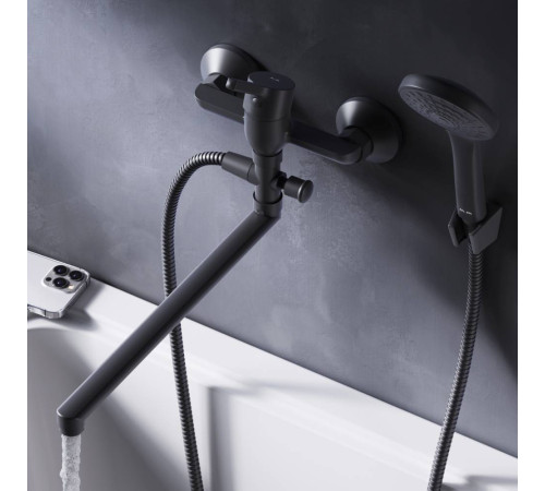 Смеситель для ванны и душа AM.PM X-Joy с длинным изливом и душевым набором черный матовый F85B90122