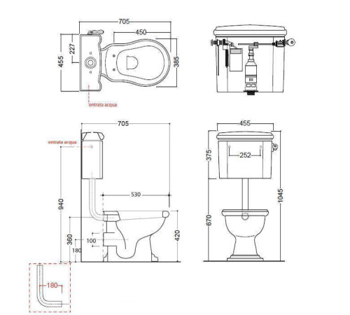 Унитаз приставной Kerasan Retro 72х38.5 см с низким бачком слив в стену белый/хром 107201/101101/760390/757090/757190
