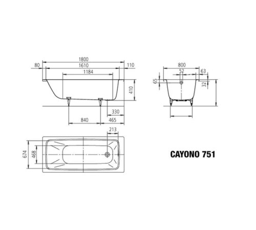 Ванна стальная Kaldewei Cayono 180х80 см мод. 751 белая с ножками 5030 275100010001/581470000000