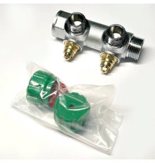 Коллектор распределительный Uni-Fitt 3/4 НВ 2 выхода 1/2 45 мм с вентилями под 90 градусов хромированный 414C3220