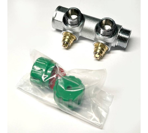 Коллектор распределительный Uni-Fitt 3/4 НВ 2 выхода 1/2 45 мм с вентилями под 90 градусов хромированный 414C3220