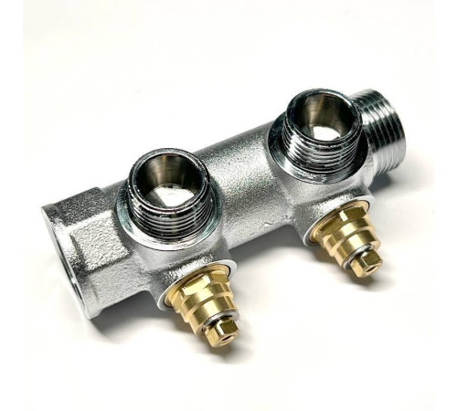 Коллектор распределительный Uni-Fitt 3/4 НВ 2 выхода 1/2 45 мм с вентилями под 90 градусов хромированный 414C3220