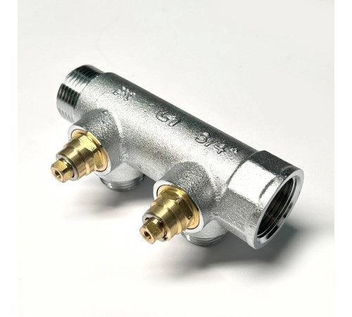 Коллектор распределительный Uni-Fitt 3/4 НВ 2 выхода 1/2 45 мм с вентилями под 90 градусов хромированный 414C3220
