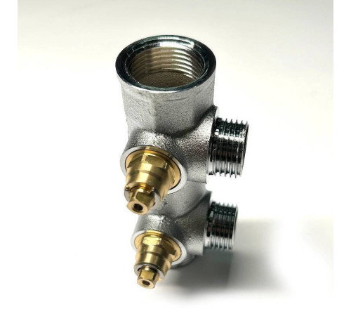 Коллектор распределительный Uni-Fitt 3/4 НВ 2 выхода 1/2 45 мм с вентилями под 90 градусов хромированный 414C3220
