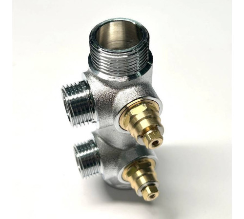 Коллектор распределительный Uni-Fitt 3/4 НВ 2 выхода 1/2 45 мм с вентилями под 90 градусов хромированный 414C3220