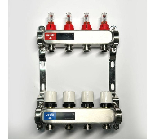 Коллекторная группа 1 x 4 выхода 3/4 STOUT с расходомерами из нержавеющей стали без концевых групп 450W4304