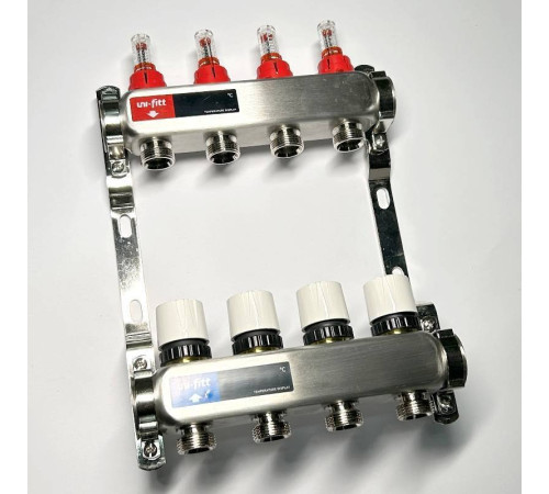 Коллекторная группа 1 x 4 выхода 3/4 STOUT с расходомерами из нержавеющей стали без концевых групп 450W4304