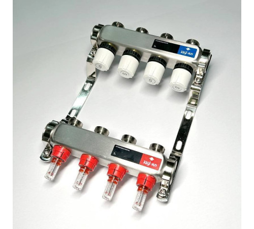 Коллекторная группа 1 x 4 выхода 3/4 STOUT с расходомерами из нержавеющей стали без концевых групп 450W4304