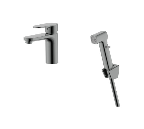 Смеситель для раковины Aquanet Ника с гигиеническим душем оружейная сталь AQ1812BGM