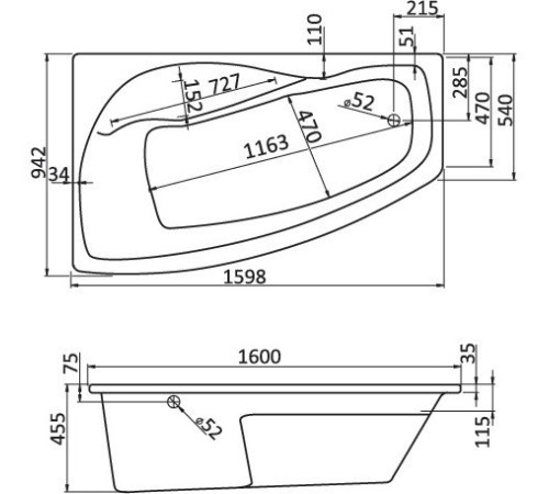Ванна акриловая асимметричная Triton Майорка XL 160х95 см левосторонняя белая 1.WH11.1.991