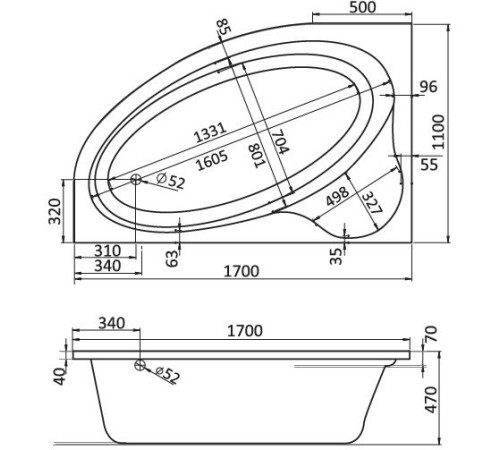 Ванна акриловая асимметричная Triton Эдера 170х110 см левосторонняя белая 1.WH11.1.995