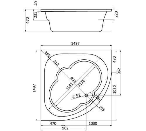 Ванна акриловая угловая Santek Канны 150х150 см 1.WH11.1.983