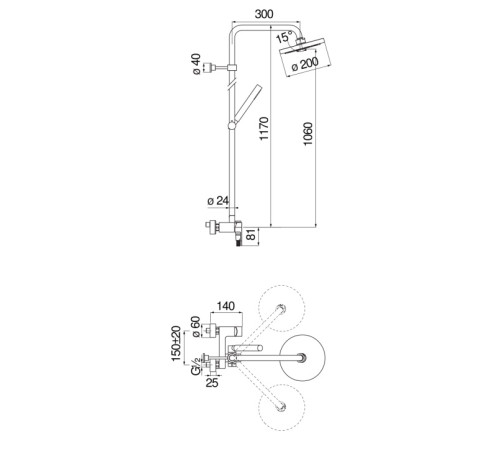 Душевая система UP верхний душ 20 см матовый черный UP94130/30BM