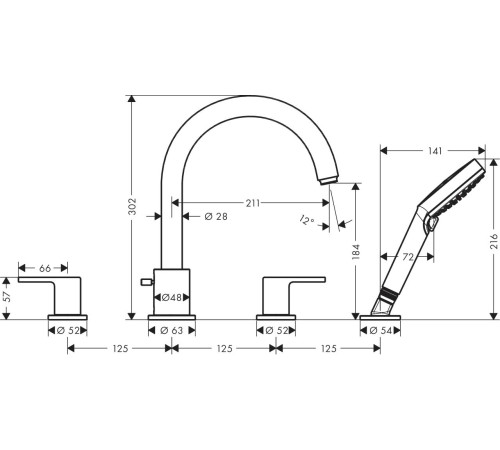 Смеситель на край ванны hansgrohe Vernis Shape на 4 отверстия матовый черный 71459670/13244180 71459670S