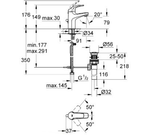 Смеситель для раковины Grohe BauCurve с донным клапаном хром 32805000