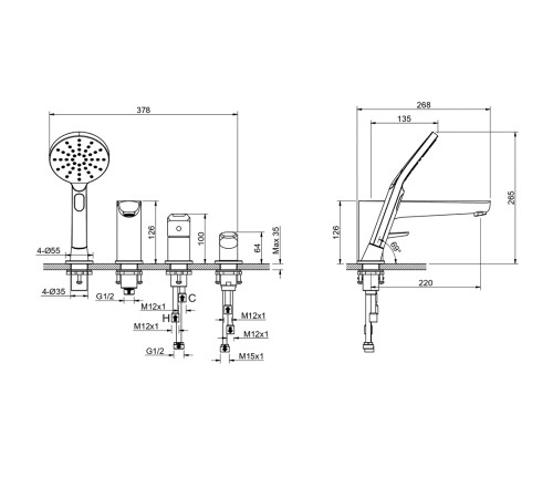 Смеситель на борт ванны Aquanet Бетта на 4 отверстия оружейная сталь AQ1148BGM