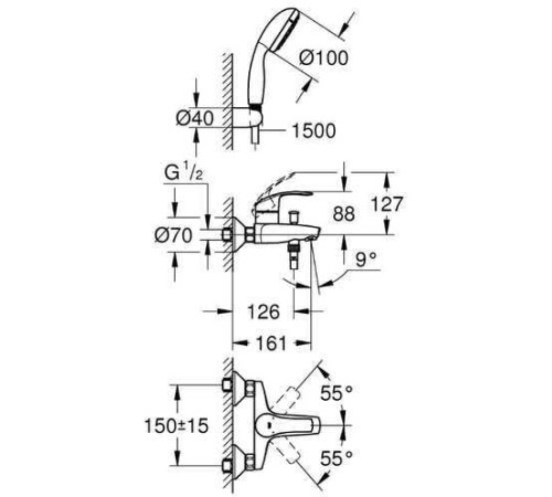 Смеситель для ванны GROHE Eurosmart с душевым набором хром 3330220A