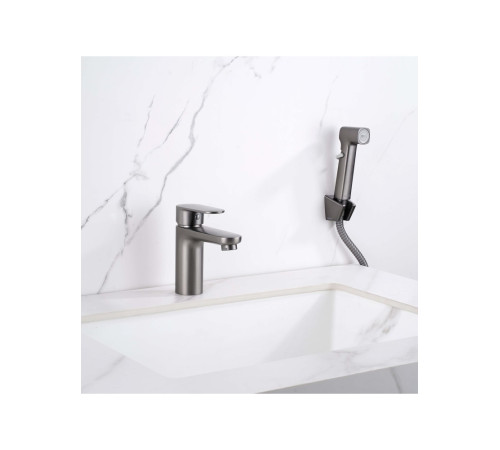 Смеситель для раковины Aquanet Ника с гигиеническим душем оружейная сталь AQ1812BGM