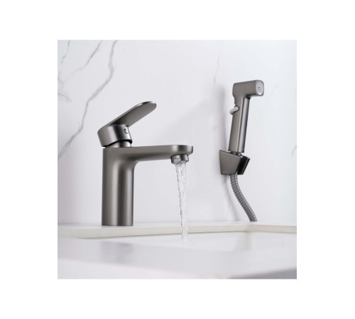 Смеситель для раковины Aquanet Ника с гигиеническим душем оружейная сталь AQ1812BGM