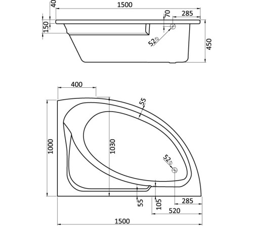Ванна акриловая асимметричная Triton Гоа 150х100 см правосторонняя белая 1.WH11.2.032